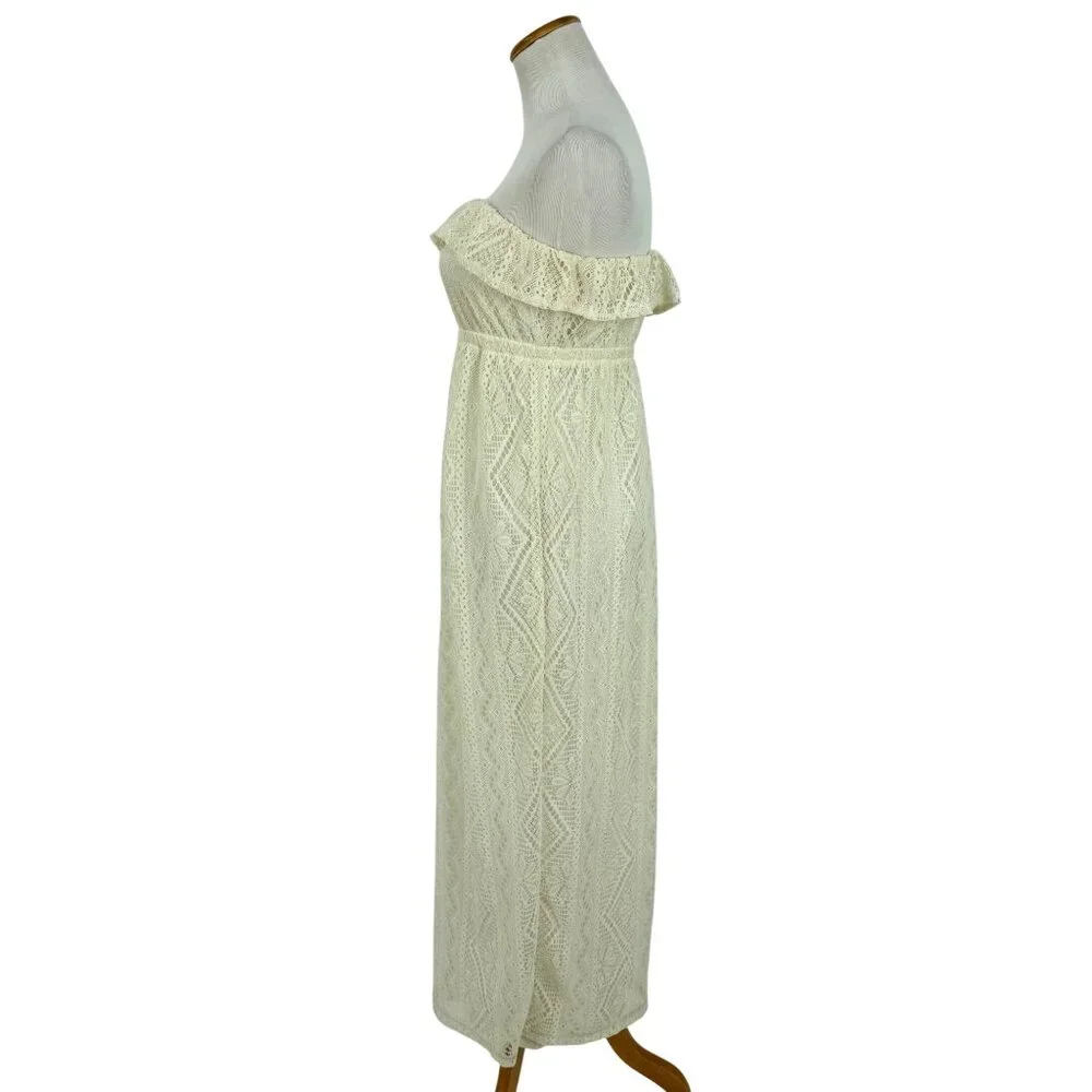 Vtg F21 Cream Lace Ruffle Hem Strapless Maxi Dress | Y2K Coquette Coastal Boho S - Picture 7 of 16